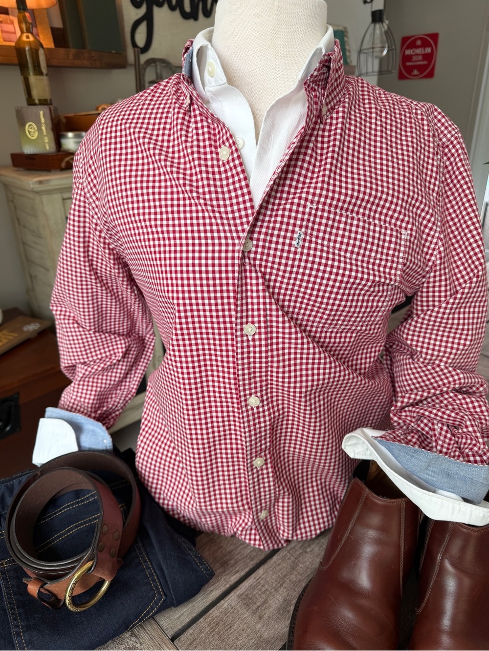 Levi's Mens M Red White Gingham Check Button Down Shirt Long Sleeve Slim Fit